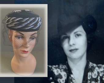 Vintage Black Velvet Pillbox Hat with Brown and White Trim and Bow and Black Netting, Circa 1960s