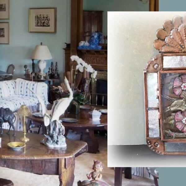 Unusual Vintage Mexican Copper Niche with Enameled Flowers and Hunting Dog Belt Buckle, As Found in San Miguel Antique Shop