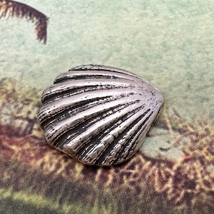 May include: A silver-toned metal button shaped like a scallop shell. The button features a realistic, textured surface with deep, radiating ridges and a weathered, metallic finish that highlights the intricate details of the shell's natural form.