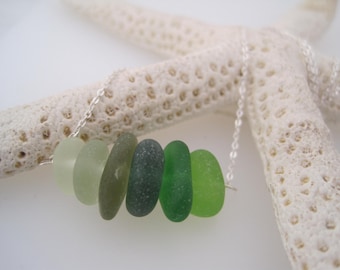 Sea Glass Necklace  - Ombre Shaded - Green -Beach Glass - Recycled - Ombre - Upcycled - Silver - Summer Style - Frosted - Natural