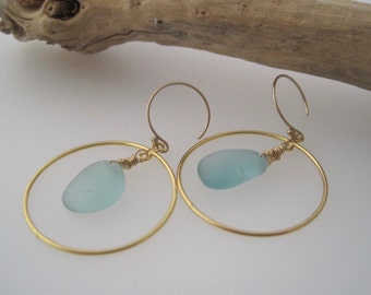 Sea Glass Earrings -Hoop Earrings - Aqua Blue - Beach Glass Hoops - Frosted Sea Glass - Treasure from the Sea - Recycled - Upcycled