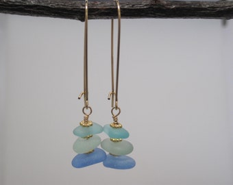 Sea Glass  Earrings - Blue and Green - Stack of Color - Aqua - Beach Glass Earrings - Gold - Drop Earrings - Beach - Ocean - Summer Fun