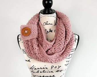 Dusty Rose Crochet Infinity scarf with buttons. Fall and winter accessories.