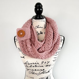 Dusty Rose Crochet Infinity scarf with buttons. Fall and winter accessories.