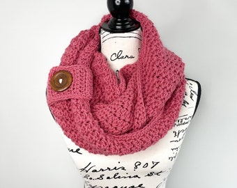 Pink Crochet Infinity scarf with buttons. Fall and winter accessories.