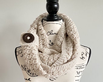 Linen Crochet Infinity scarf with buttons. Fall and winter accessories.
