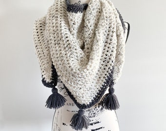 Oatmeal Tweed Triangle Wrap/Shawl Crocheted Scarf with Tassels