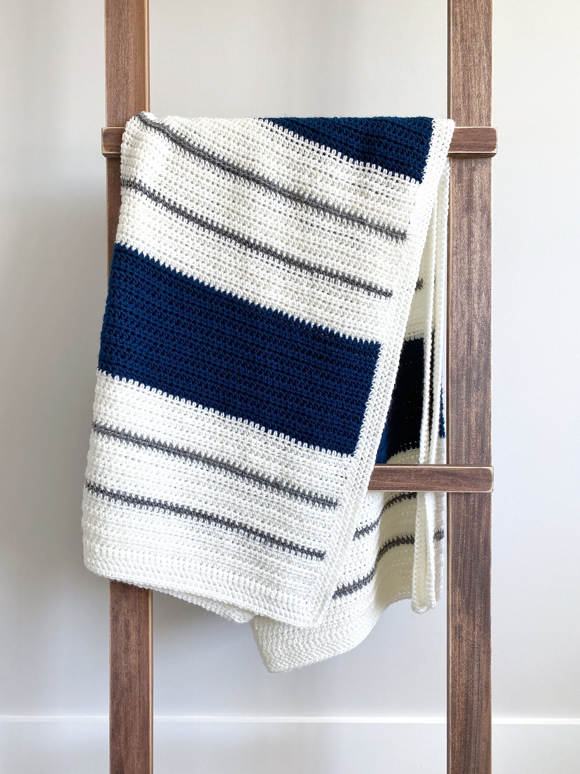 Crocheted Striped Throw Blanket. Blue Sapphire, White, Grey. Etsy New Zealand