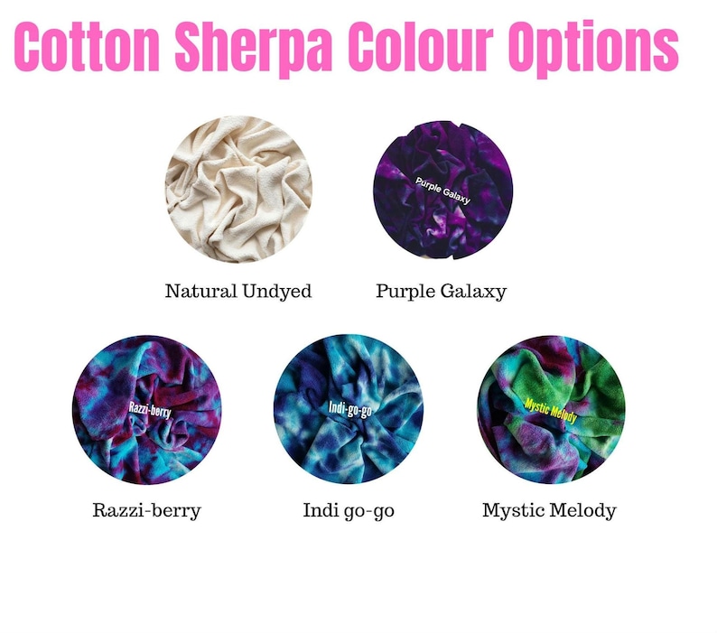 An image displaying five circular fabric swatches of organic cotton sherpa, each with a unique colour. The text reads "Pre-Order Cotton Sherpa Colour Options". The swatches are labelled "Natural Undyed", "Purple Galaxy", "Razzi-berry", "Indi go-go", and "Mystic Melody".