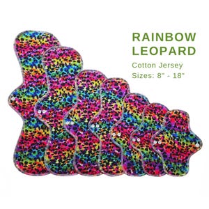 8-18 Inch Organic Cloth Pad - Rainbow Leopard Cotton Jersey - Washable Cloth Pad - Sanitary Pad - Single Pad - Sustainable Period Pad