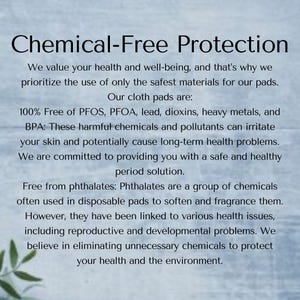 Text on a light blue background reads "Chemical-Free Protection." The text explains the product's commitment to safe materials, highlighting that the cloth pads are free of harmful chemicals like PFOS, PFOA, lead, and BPA.