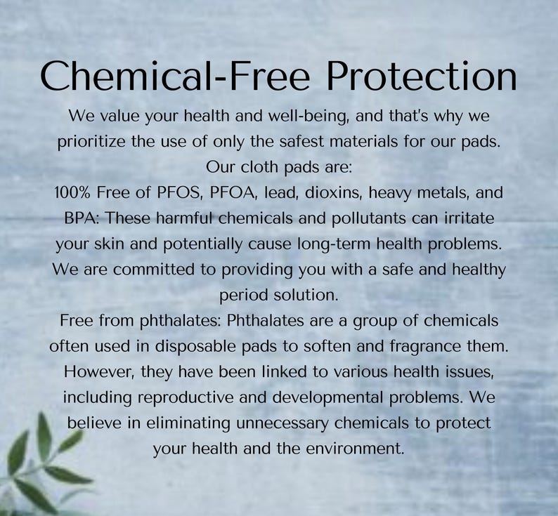 Text on a light blue background reads "Chemical-Free Protection." The text explains the product's commitment to safe materials, highlighting that the cloth pads are free of harmful chemicals like PFOS, PFOA, lead, and BPA.