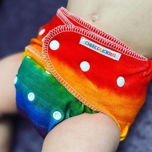 May include: A colourful cloth nappy with white poppers and the text "CHEECOLICIOUS" on a white label. The nappy features a rainbow gradient of red, orange, yellow, green, and blue, with white stitching.