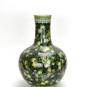 A Large Chinese Qing Kangxi Style Black Ground Wucai Melon and Butterfly Globular Body Porcelain Vase