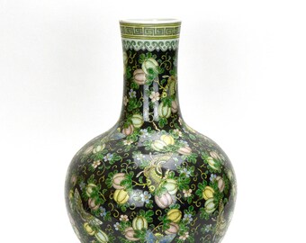 A Large Chinese Qing Kangxi Style Black Ground Wucai Melon and Butterfly Globular Body Porcelain Vase