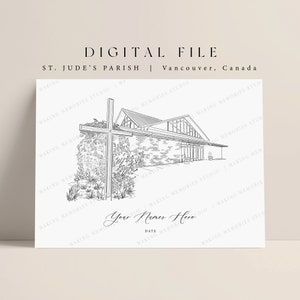 St. Jude&#39;s Parish & Shrine Wedding Venue Illustration, Vancouver, Sketch, Home Decor Guestbook Menu, Program, Welcome Sign, Invitation, Gift
