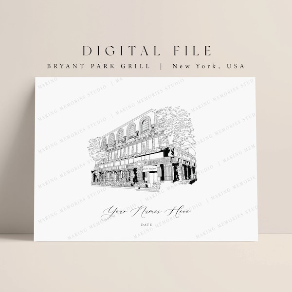 Bryant Park Grill New York City USA Wedding Venue Illustration, Restaurant, Big Apple, Guestbook Menu, Program, Welcome Sign Invitation Gift