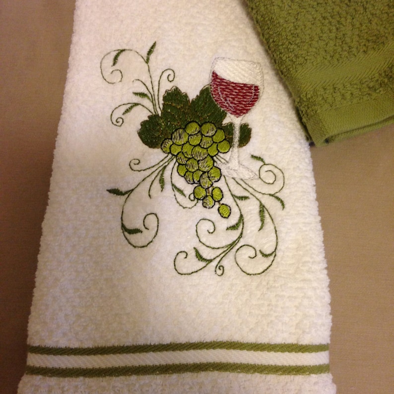 Embroidered Wine Glass and Grapes Decor Dish Towel Set Etsy