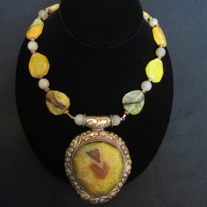 Yellow  Agate Gemstone Necklace with Carved Silver Heart Agate Pendant