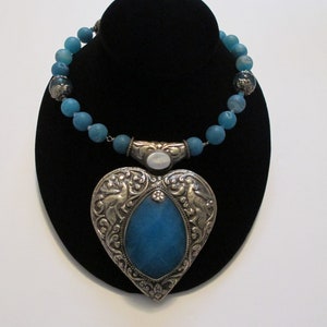 Blue Agate  Necklace with Carved Silver Heart Pendant