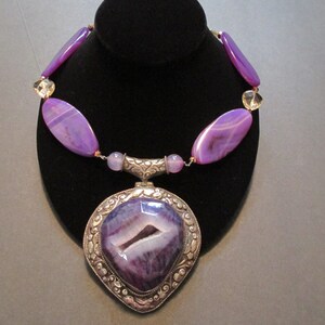 Purple Agate Gemstone Necklace with Citrine Hearts and Purple Agate pendant