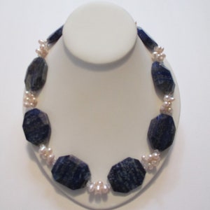 Lapis and Fresh Water Pearl Necklace with Swarovski Crystals