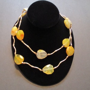 Yellow Agate Stone Necklace with Crystals and Gold Plated Bars