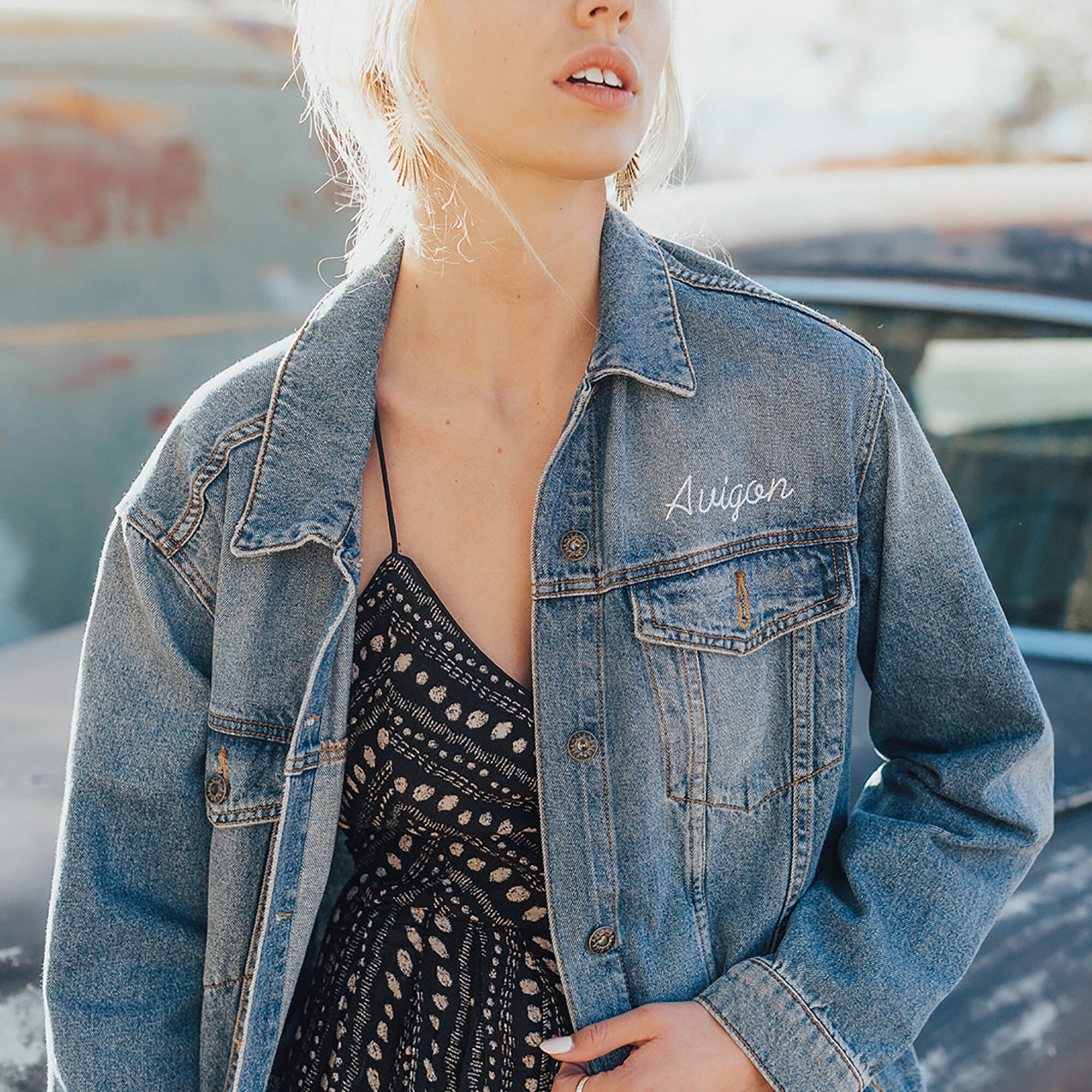 Embroidered Chest Name Denim Jacket Mrs 