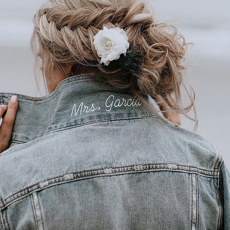 Mrs Popped Collar Custom Embroidered Denim Jacket Bride Jean Etsy