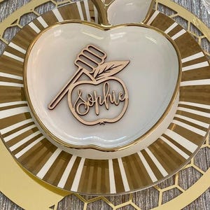 Decoración de mesa de madera para Rosh Hashaná Tarjetas de lugar para Rosh Hashaná Tarjetas de lugar judías Tarjetas de lugar de manzana para Rosh Hashaná Etiquetas judías para ROSH HASHANAH