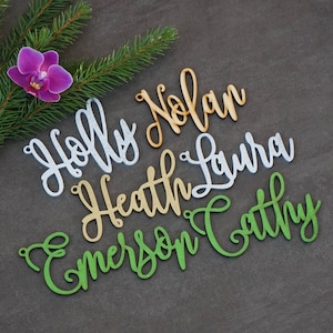 May include: Five names, Holly, Nolan, Heath, Laura, and Emerson Cathy, are written in cursive on wooden cutouts. The names are in different colors, white, orange, gold, light blue, and green.