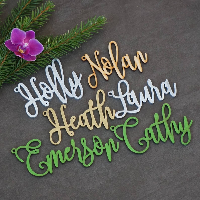 May include: Five names, Holly, Nolan, Heath, Laura, and Emerson Cathy, are written in cursive on wooden cutouts. The names are in different colors, white, orange, gold, light blue, and green.