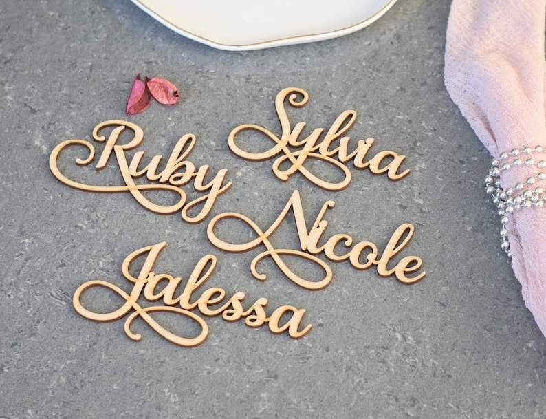 Wedding place cards laser cut wood Wedding favors for guests in bulk laser cut wood names Wooden laser cut names Name tags for wedding image 2