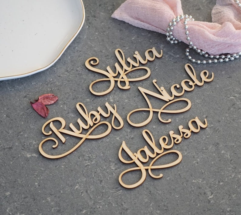 Wedding place cards laser cut wood Wedding favors for guests in bulk laser cut wood names Wooden laser cut names Name tags for wedding image 5