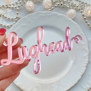 Marque-places de mariage personnalisés, noms découpés au laser, miroir acrylique, nom, nom en acrylique rose, décoration de baby shower, marque-places d'anniversaire, sièges assignés
