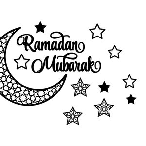 May include: Black and white illustration of a crescent moon with a geometric pattern and the text "Ramadan Mubarak" above it. The image is surrounded by small stars.