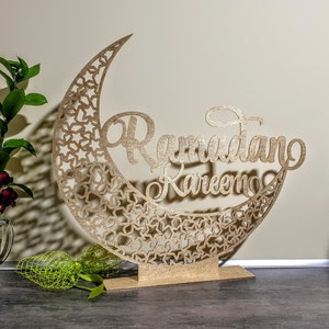 Freestanding Ramadan Mubarak moon sign Ramadan Kareem Sign Blessed Ramadan wall sign Moon Eid Mubarak Islamic gifts Islamic moon wooden sign image 1