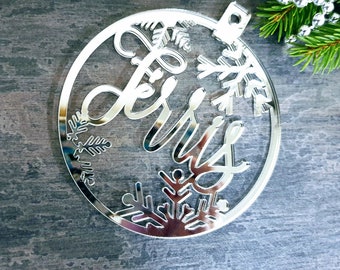 Palline di Natale personalizzate, decorazioni per alberi di Natale in ARGENTO, ornamenti personalizzati tagliati al laser, etichette regalo di NATALE personalizzate e decorazioni con nome