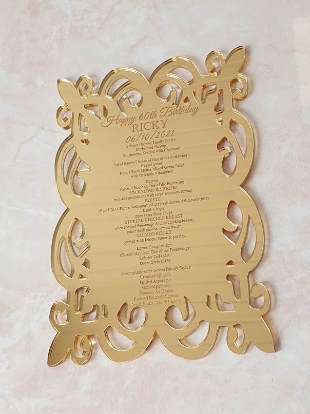 Gold Mirror Menu Card Engraved Wood Menu Gold Mirror Menu Etsy