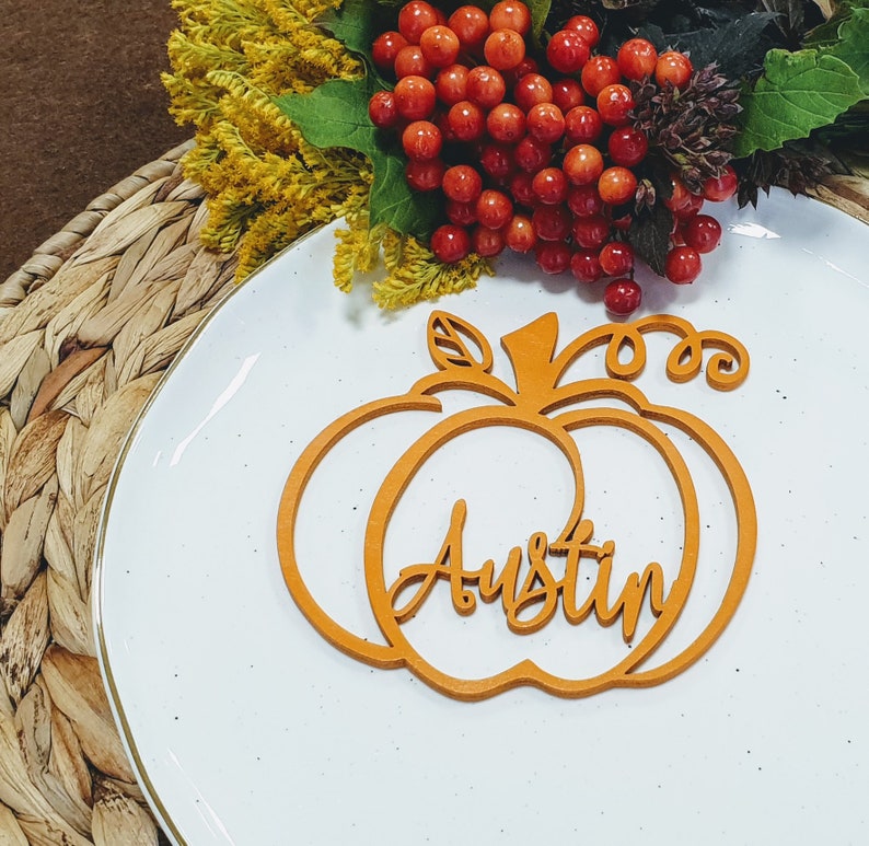 Thanksgiving place cards orange pumpkin table decor pumkin place cards laser cut thanksgiving name cards Laser Cut wooden Place Cards image 1