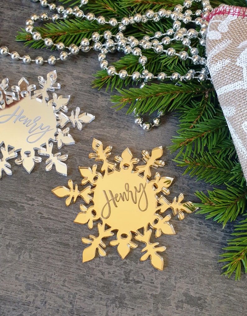 Custom Engraved Snowflake Decoration Hanging Christmas decorations Custom Christmas ornament gold Personalized Christmas Decor image 1