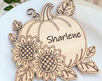 Tarjeta de mesa de calabaza personalizada: Decoración de mesa de Acción de Gracias, madera cortada con láser