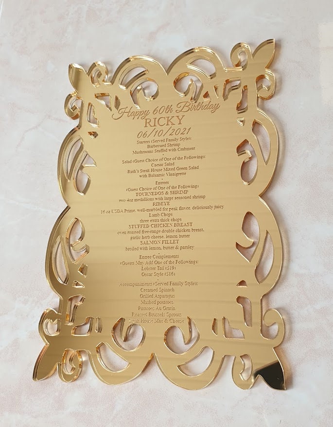 Gold Mirror Menu Card Engraved Wood Menu Gold Mirror Menu Etsy