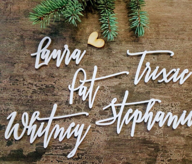 May include: White wooden cutout names, including Laura, Pat, Trisha, and Stephanie, on a rustic wooden background.