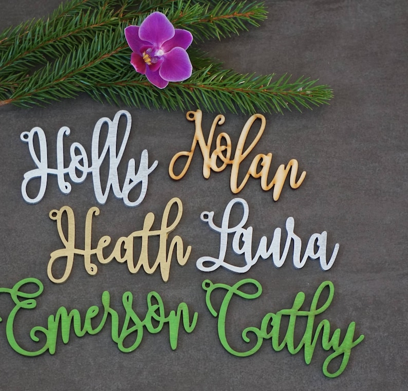 May include: Six wooden names, "Holly", "Nolan", "Heath", "Laura", "Emerson", and "Cathy", are arranged in a decorative pattern on a gray background. The names are in different colors, including silver, gold, and green.