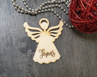 CHRISTMAS ANGEL with engraving Custom Christmas baubles personalized angel pendants wood Angel Place card Christmas Wood Angel with name