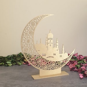 Decoración de mezquita independiente, letrero de decoración lunar, letrero de Ramadán Kareem, letrero bendecido de Ramadán, Eid Mubarak, regalos islámicos, letreros islámicos de madera