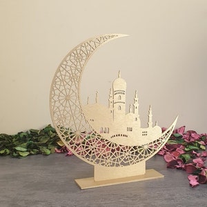 Freestanding mosque decor moon decoration sign Ramadan Kareem Sign Blessed Ramadan sign Eid Mubarak Islamic gifts Islamic wooden signs