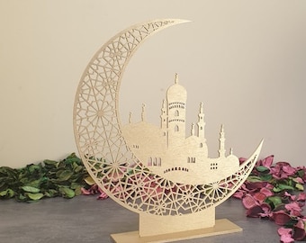 Decoración de mezquita independiente, letrero de decoración lunar, letrero de Ramadán Kareem, letrero bendecido de Ramadán, Eid Mubarak, regalos islámicos, letreros islámicos de madera
