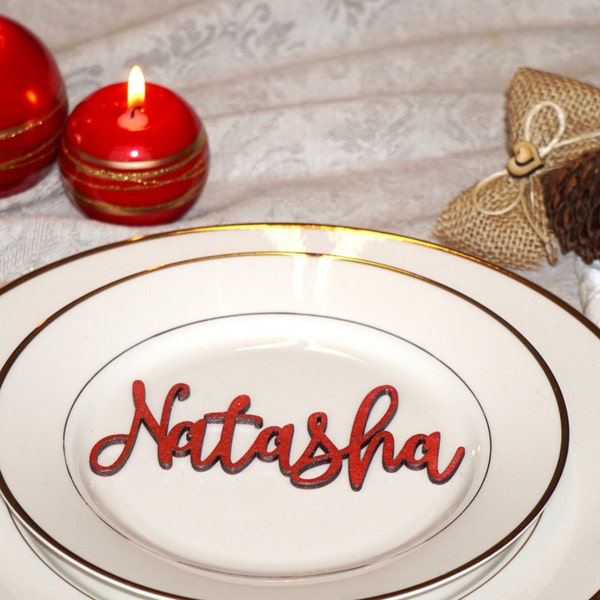 Red Christmas table decor custom Christmas table decoration Red Christmas place cards laser cut names CUSTOM Christmas Place Cards